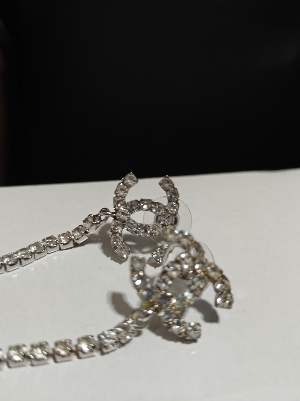 Crystal Double C Chanell- Like Logo Drop Earrings 3 in - Silver Rhinestone